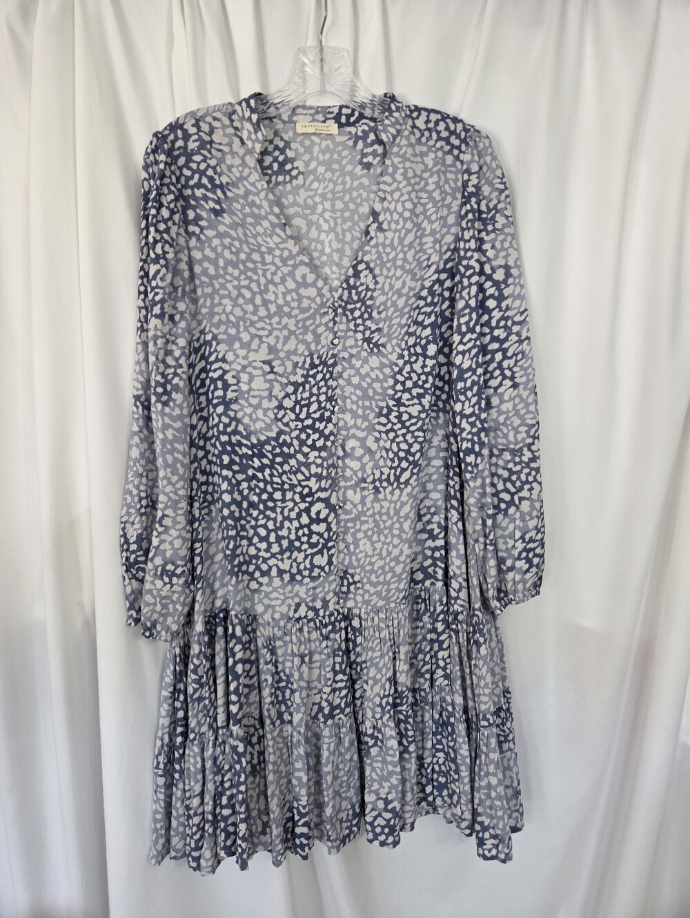 Love Stitch Blue Printed Long Sleeve Baggy Tiered Dress Size S